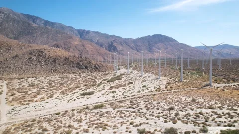 Long Desert Wind Turbine Rows Near Palm Springs, 4K Stock Footage 197018281