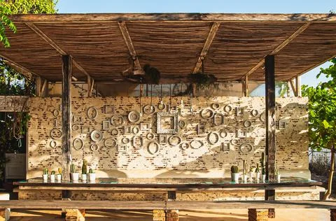 Long dining table and decoration of a rural Thai restaurant in the countryside Stock Photos