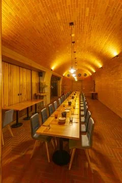 Long dining table in vaulted brick cellar restaurant, Havraniky Foto stock