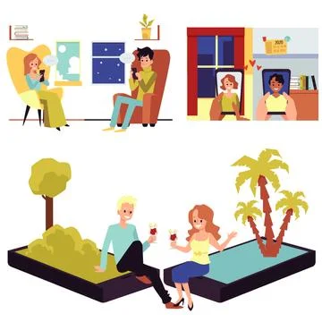 Long distance relationship concept set - cartoon couple on virtual date Stock Illustration