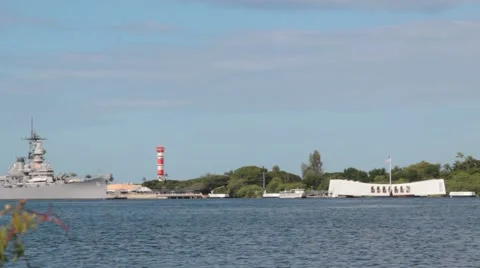 Long Distance Shot of USS Arizona Memorial and USS Missouri at Pearl Harbor Stock Footage