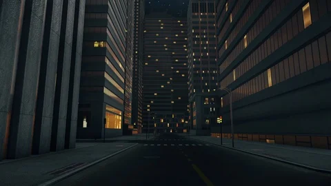 Long dolly 3d shot of an empty dark city street at night 2 Stock Footage 127458394