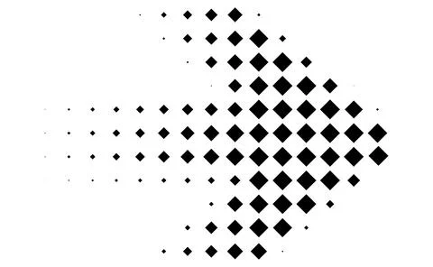 Long dotted halftone arrow icon, Horizontal round dot pointer vector, Solid m Stock Illustration