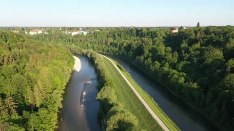 Long drone flight along the Isar river in south Germany. Video stock 131832241