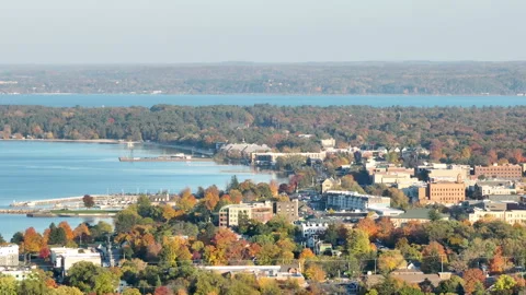 Long Drone Shot Over Traverse City, MI in the Fall Video stock 242297673