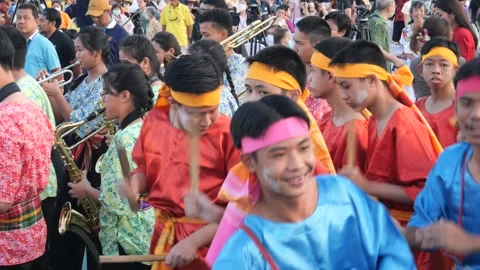 Long drum or tom-tom parade, Thailand’s Traditional performance Stock Footage 258221669