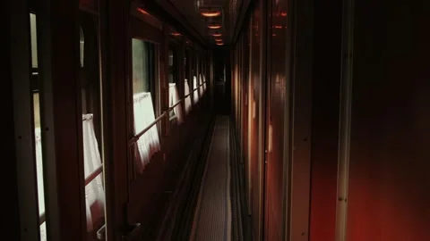 Long, empty corridor of A moving passenger train. Rhythmic light and shadows Stock Footage 320605816