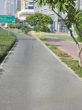 A long, empty path winds through a modern city, lined with lush greenery Fotos Stock