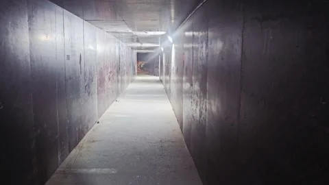 A long, empty pedestrian tunnel constructed with dark metal walls Stock Footage 338258974
