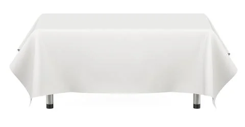 Long, empty rectangular table with white table cloth. 3D rendering Stock Illustration