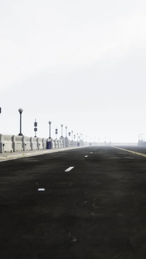 Long empty road along a waterfront with lampposts and cloudy weather Stock Footage 337976407