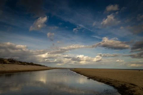 Long empty sand beach with shallow lagoon on Hel peninsula Stock Photos