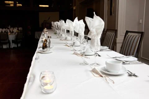 Long empty table for reception or dining Stock Photos