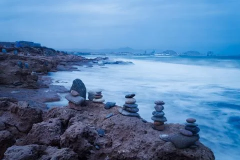 Long exposure with an easterly storm on the coast of the bay of Alicante Stockfoto's