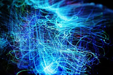 Long exposure of fiber optical light cables in LED neon blue glow. Optics with Stock Illustration