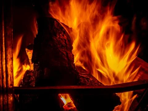 Long exposure of a fire place, texture of fire, flame details, nightshot Stock Photos