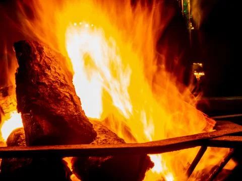 Long exposure of a fire place, texture of fire, flame details, nightshot Stock Photos