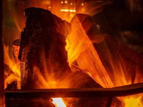 Long exposure of a fire place, texture of fire, flame details, nightshot Stock Photos