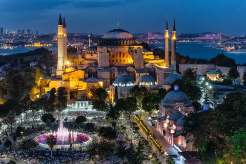 Long exposure of Hagia Sophia in the evening. Muslims who fast in Ramadan dur Stock Photos