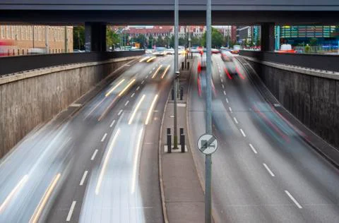 A long exposure image of a highway in Berlin. Image was taken from a bridge Stock Photos