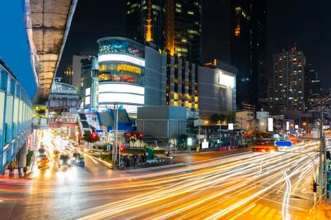 Long exposure light night scene, Bangkok Thailand. Stock Photos