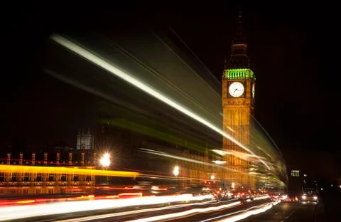 Long exposure lights from traffic big ben london at night Stock Photos
