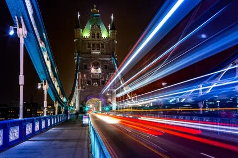 Long Exposure night photo of Tower Bridge London with light trails Stock Photos