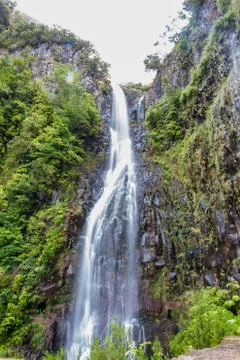Long exposure of the Risco waterfall on madeira island, portugal, in the midd Stock Photos