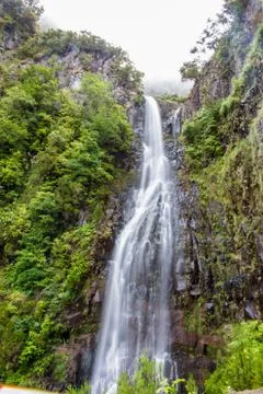 Long exposure Risco waterfall on madeira island, portugal, in the middle of t Foto stock