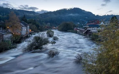 Long exposure of the River Dee in Llangollen at dusk Stock Photos