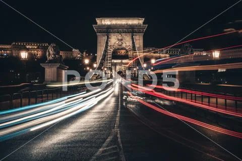 Long exposure shot of Budapest Chain Bridge with light trail Stock Photos