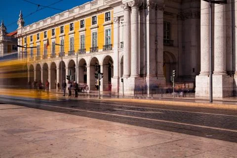 Long exposure shot .  Commerce square (Praca do Comercio) in Lisbon, Portugal Stock Photos