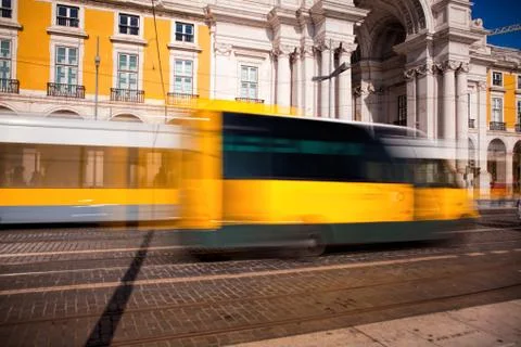 Long exposure shot .  Commerce square (Praca do Comercio) in Lisbon, Portugal Stock Photos