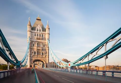 Long exposure shot of the tower bridge in london with blue sky. Stock Photos