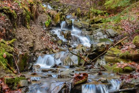 Long exposure of a small water course in Transylvania forests Stock Photos