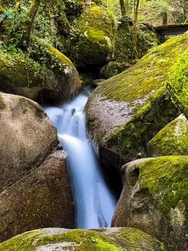 Long Exposure Small Waterfall Between Mossy Boulders in Levada dos Jugueiros 스톡 사진