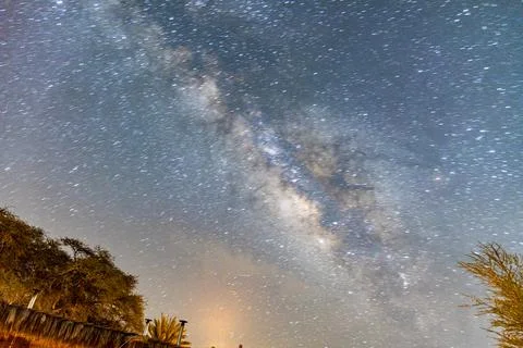 Long exposure of stars causing light trails. The Milky Way galaxy. Nizana Stock Photos