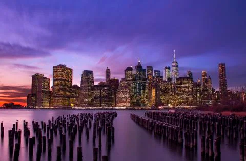 Long Exposure Sunset of Downtown Manhattan From Brooklyn Bridge Park Stock Photos