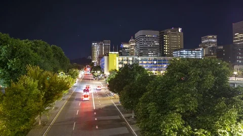 Long exposure time lapse of busy highway in downtown Portland Oregon at night. Video stock 116738977