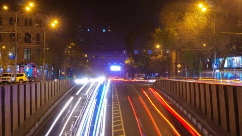 Long Exposure Time lapse of Night Traffic Cars in Yerevan Stock Footage 83524805
