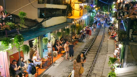Long Exposure Timelapse of Narrow Train Street in the Hanoi Old Quarter Stock Footage 142928565