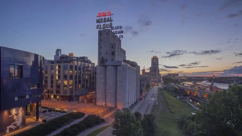 Long Exposure Twilight Shot of Mill City, Minneapolis Stock Footage 81143374