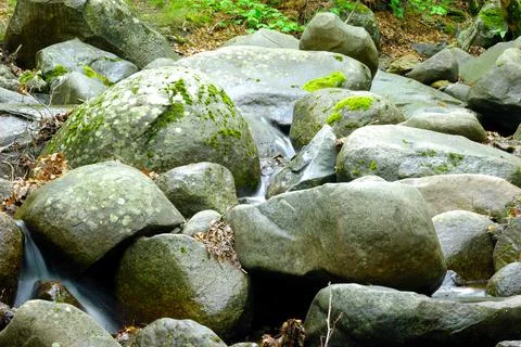 Long exposure view of a hidden river in Crimea, Ukraine. A stone set against a Stock Photos