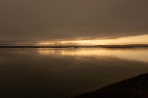 Long exposure view of a rain shower over the Bay of Fundy near Digby Nova S.. Stock Photos