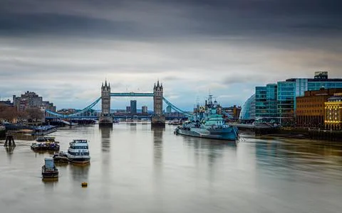 A long exposure view of the Tower Bridge,  a world-famous symbol of London Stock Photos