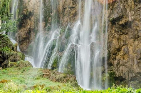 Long Exposure Waterfall over Steep Rocks in Plitvice Lakes, Croatia, Europe Stock Photos