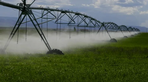 Long farm irrigation sprinkler moving--4K Stock Footage