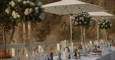 Long festive table with snacks and flowers in nature Stock Footage 123784969