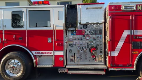 Long firetruck with control panel and section for emergency, Newport Beach Fire Video stock 262090489