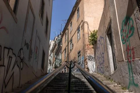 Long Flight of Old Stone Steps Leading up, Lisbon, Portugal Stock Photos